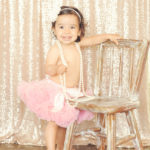 Best-First-Birthday-Cake-Smash-Photographer-Los-Angeles-Portrait-Studio-Pink-Tutu-Sparkle-Sequins-Pearls-Headband-Standing-One-Year