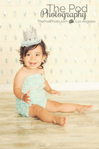 Best-First-Birthday-Cake-Smash-Photographer-Los-Angeles-Portrait-Studio-Sparkle-Sequins-Tutu-Crown-Romper-Teal