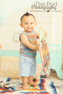 Bohemian-Camper-Set-Love-Peace-Music-Vintage-Beach-Summer-Baby-Kids-Photography-Studio-Santa-Monica-Baby-Boy-Surfboard