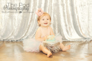 Best-First-Birthday-Cake-Smash-Photographer-Los-Angeles-SusieCakes-Teal-White-SIlver-Sequins-Pink-Tutu-Crown-Brentwood-Party