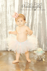 Best-First-Birthday-Cake-Smash-Photographer-Los-Angeles-SusieCakes-Teal-White-SIlver-Pink-Standing-Cute-Westwood