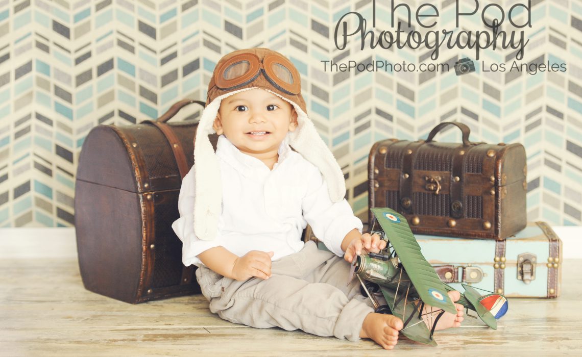 Best-Baby-Kids-Photographer-Marina-Del-Rey-Full-Service-Portrait-Studio-The-Traveler-Set-Aviator-Hat-Styled-Boy-Suitcase-Trunk-Airplane-Chevron-Modern-Travel