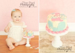 Manhattan-Beach-First-Birthday-Cake-Smash-Photography-SusieCakes-Bubble-Theme-Pink-And-teal-Romper-