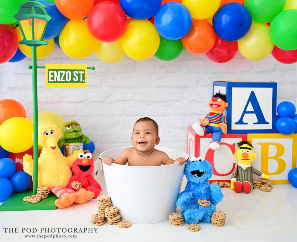 Smiling six month old photographed in a Sesame Street inspired milestone session